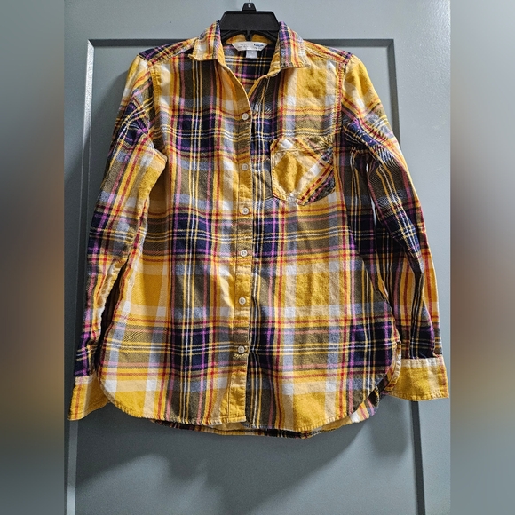 Old Navy Tops - Old navy medium 100% cotton mustard plaid flannel classic button down top